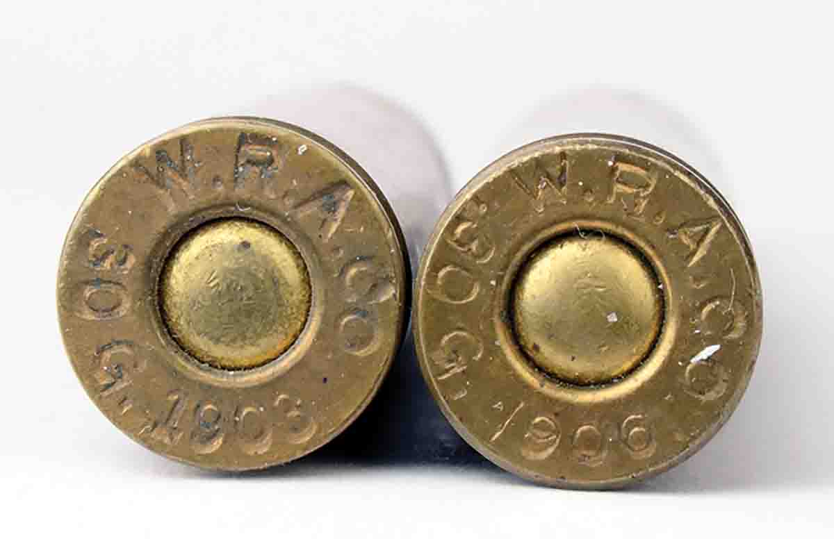 These headstamps are for the U.S. 30 Gov’t (30-03), at left, and the U.S. 30 Gov’t (30-06), at right.
